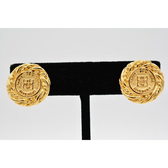 Givenchy Vintage Logo Clip On Earrings 4G Coin Round Gold Signed 80s 1980s BinAI - Picture 1 of 12